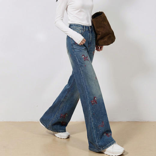 法国Missboudior 鱼骨拼接烫钻满天星阔腿牛仔裤/小马刺绣烫钻阔腿牛仔裤 显高显瘦 宽松舒适 商品图5