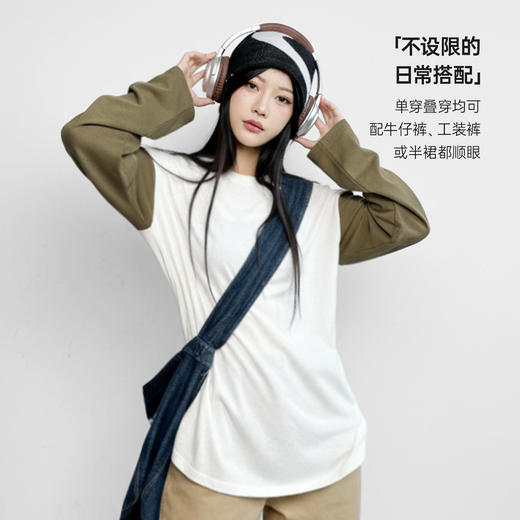 马登雪花棉圆领宽松轻薄撞色拼接内搭长袖T恤卫衣打底衫上衣女春 商品图4