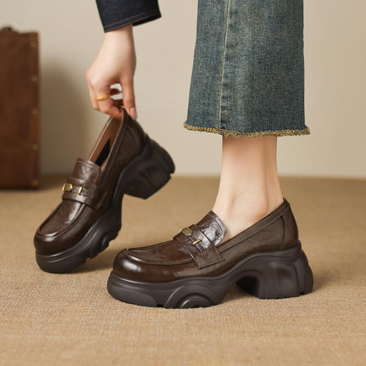 阿么手工女鞋厚底不累脚一脚蹬jk小皮鞋时尚真皮乐福鞋软底6.5CM 商品图2