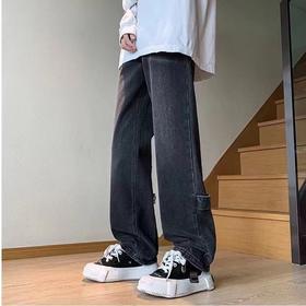 F012840高街风后腿拼接多拉链牛仔裤男女同款