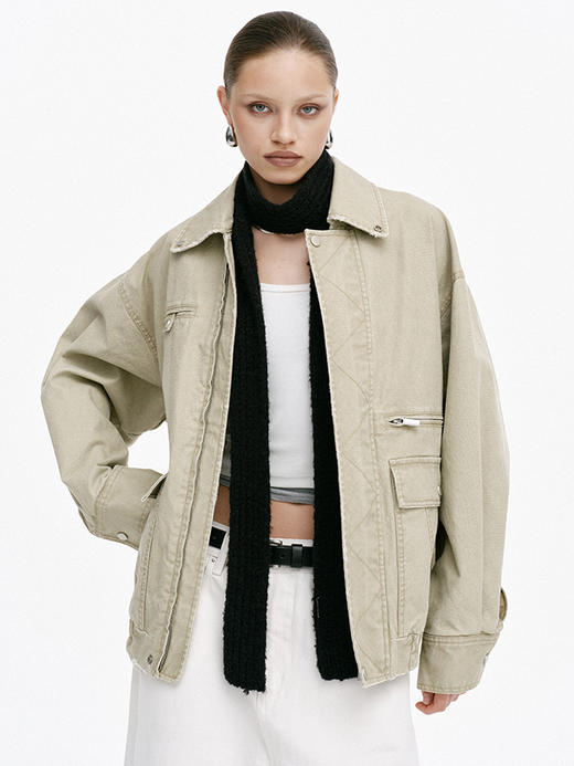 TR她热 打猎装 卡其色水洗做旧斜纹棉复古宽松工装翻领夹克外套 商品图4