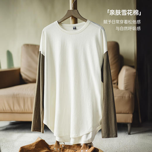马登雪花棉圆领宽松轻薄撞色拼接内搭长袖T恤卫衣打底衫上衣女春 商品图2