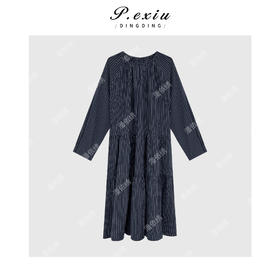 04-2潘依绣丁丁宠粉高知感气质条纹长袖圆领连衣裙 Q5492