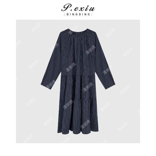 04-2潘依绣丁丁宠粉高知感气质条纹长袖圆领连衣裙 Q5492 商品图0
