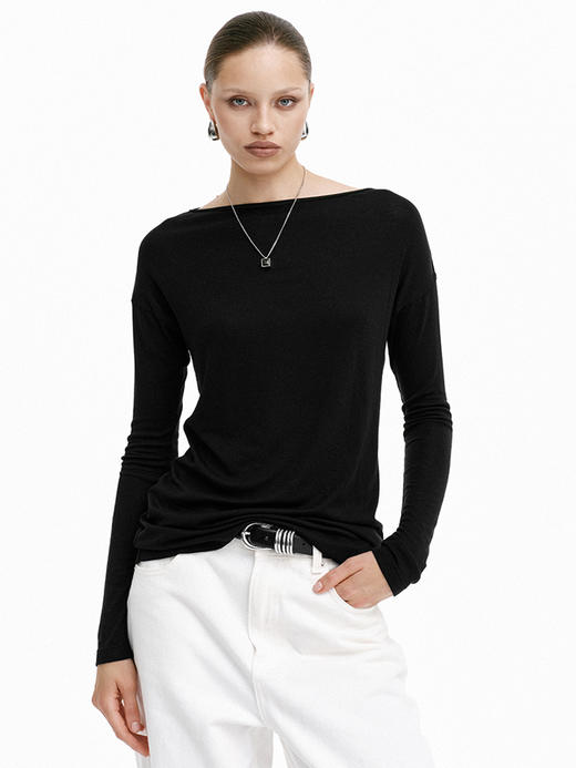 TR她热 慵懒日常 黑色天丝羊毛一字领慵懒百搭显瘦基础打底衫上衣 商品图2