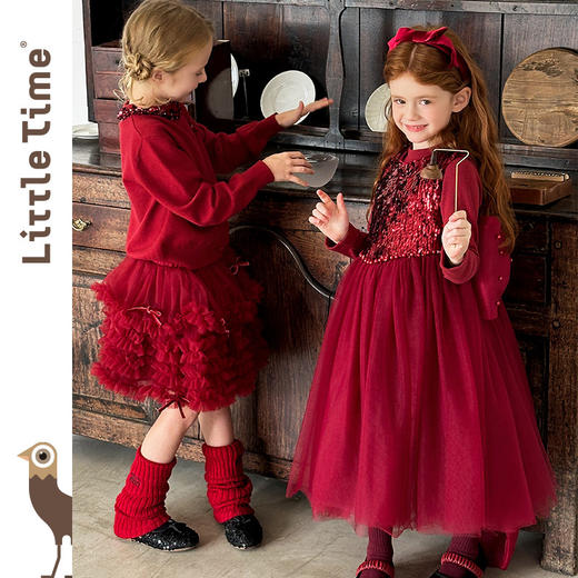 littletime女童公主裙2025秋冬红色亮片网纱连衣裙甜美生日礼服裙 商品图2