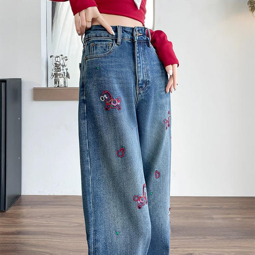 法国Missboudior 鱼骨拼接烫钻满天星阔腿牛仔裤/小马刺绣烫钻阔腿牛仔裤 显高显瘦 宽松舒适 商品图7