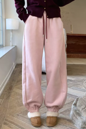 HAYES 甜美粉色加绒束口休闲长裤 21959