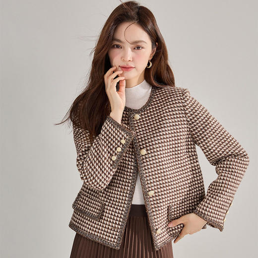 「高货sh」全新升级【铂金会员413/天猫559/差价146】(84839)洛诗琳千鸟格羊毛混纺外套2026春季新款精纺亮片小香风短外套 商品图0