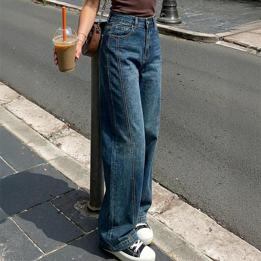 法国Missboudior 鱼骨拼接烫钻满天星阔腿牛仔裤/小马刺绣烫钻阔腿牛仔裤 显高显瘦 宽松舒适 商品图3