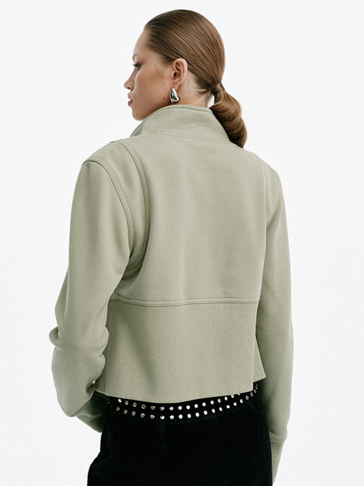 TR她热 不费力时髦 豆绿灰色都市感复古立领修身显瘦薄绒夹克外套 商品图2