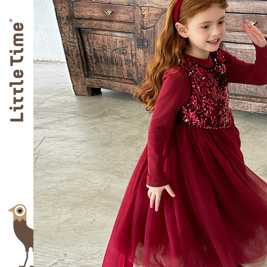 littletime女童公主裙2025秋冬红色亮片网纱连衣裙甜美生日礼服裙 商品图4