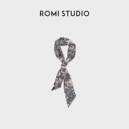 ROMI STUDIO“儒雅之间”100%真丝花卉印花手工挑边长丝巾 428D7002 商品图0
