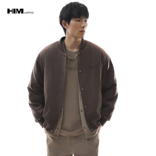 HIM漢崇【商场同款】复古棒球领夹棉夹克男撞色拼接绵羊毛呢外套 商品图0