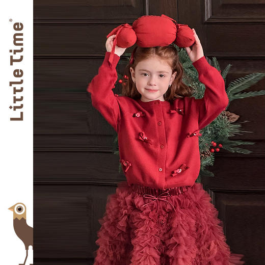 littletime甜美可爱风女童红色蝴蝶结开衫毛衣洋气立体装饰针织衫 商品图1