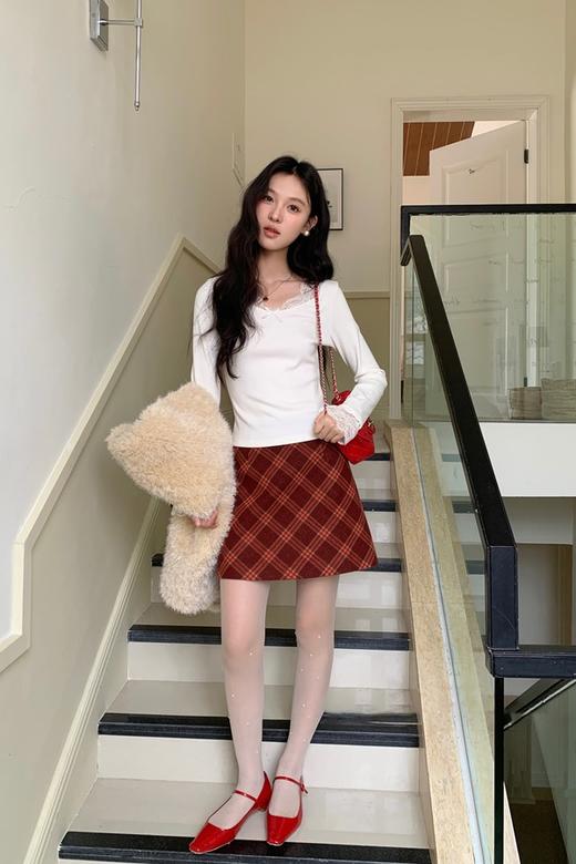 L.Fleuri 复古红格子高腰毛呢包臀半裙 21985 商品图2