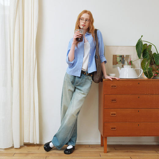 714street高密砂洗条纹长袖衬衫2026春季新款尖领纯棉蓝色衬衣女 商品图4