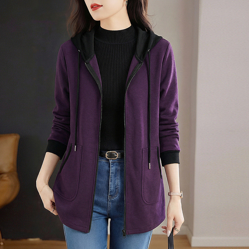 春秋连帽卫衣外套女冬季新款时尚紫色大码长袖中长款遮屁上衣胖mm