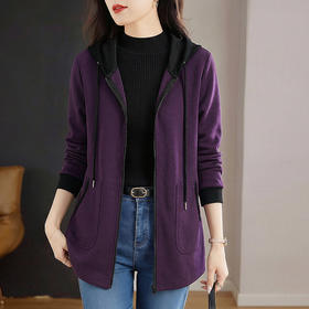 春秋连帽卫衣外套女冬季新款时尚紫色大码长袖中长款遮屁上衣胖mm
