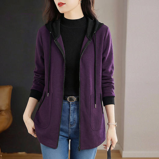 春秋连帽卫衣外套女冬季新款时尚紫色大码长袖中长款遮屁上衣胖mm 商品图0