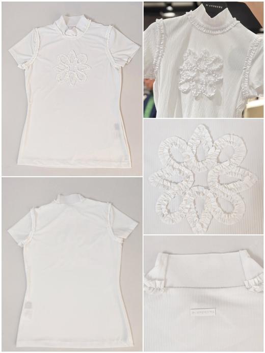 St家春夏新款女士立体花边LOGO短袖上衣来啦！渠道高品质❗️浪漫至极的单品！肩线后移设计，整个背都变薄了很多！立领领口不卡脖不露肉,  直筒大身合身但不会勒, 坑条针织面料弹力大, 非常细腻轻薄！ 商品图4