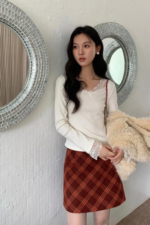 L.Fleuri 复古红格子高腰毛呢包臀半裙 21985 商品图3