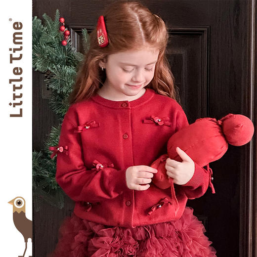 littletime甜美可爱风女童红色蝴蝶结开衫毛衣洋气立体装饰针织衫 商品图4