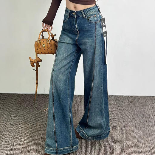 法国Missboudior 鱼骨拼接烫钻满天星阔腿牛仔裤/小马刺绣烫钻阔腿牛仔裤 显高显瘦 宽松舒适 商品图1