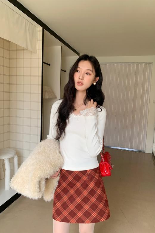 L.Fleuri 复古红格子高腰毛呢包臀半裙 21985 商品图6