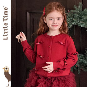 littletime甜美可爱风女童红色蝴蝶结开衫毛衣洋气立体装饰针织衫
