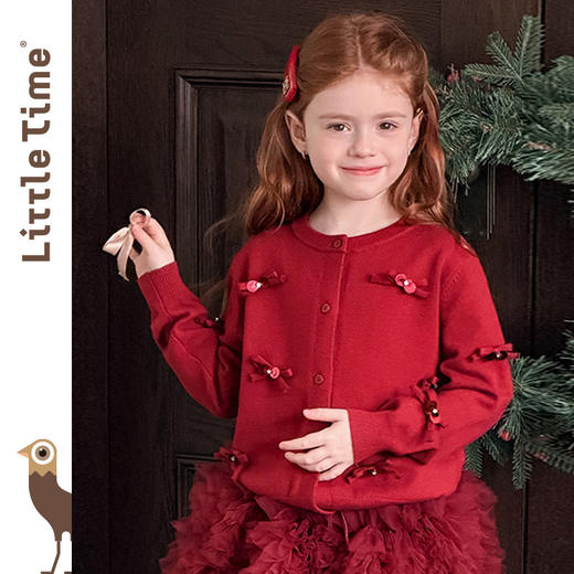 littletime甜美可爱风女童红色蝴蝶结开衫毛衣洋气立体装饰针织衫 商品图0
