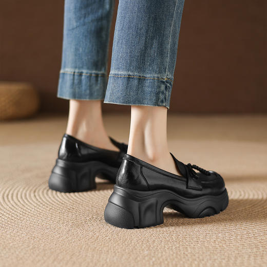 阿么手工女鞋一脚蹬英伦风乐福鞋女蝴蝶结厚底小皮鞋小个子6.5CM 商品图2