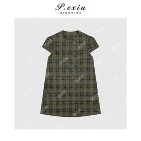 04-1潘依绣丁丁宠粉韩系复古优雅格纹圆领连衣裙Q8741