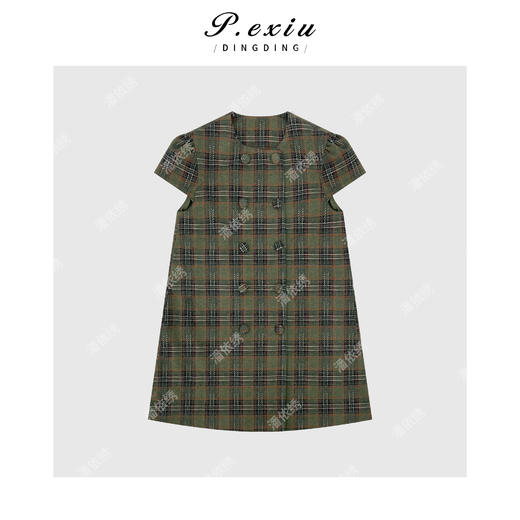 04-1潘依绣丁丁宠粉韩系复古优雅格纹圆领连衣裙Q8741 商品图0