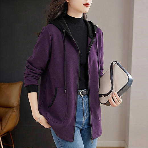 春秋连帽卫衣外套女冬季新款时尚紫色大码长袖中长款遮屁上衣胖mm 商品图1