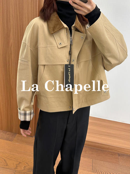 专柜实拍【巴恩工装风】拉夏贝尔/La Chapelle轻奢设计师款！撞色翻领拼接宽松百搭小个子短外套 商品图5