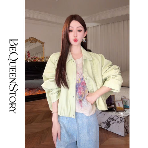 【孤品样衣，不退不换】【松弛牛油果】轻奢时尚高级100绵羊皮经典翻领插肩短款皮衣 商品图3