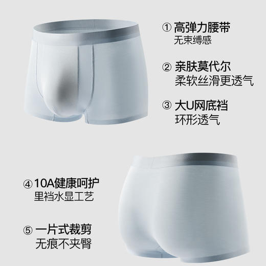 官网399！爱家男士莫代尔透气U型网眼透气档内裤三条装男 高弹一片式无痕四角裤 商品图2