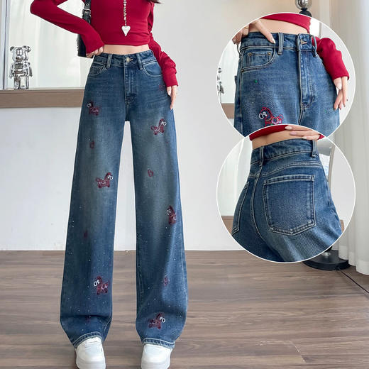 法国Missboudior 鱼骨拼接烫钻满天星阔腿牛仔裤/小马刺绣烫钻阔腿牛仔裤 显高显瘦 宽松舒适 商品图4