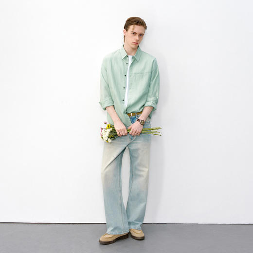 714street肌理天丝长袖衬衫2026春季新款潮牌简约纯色尖领衬衣男 商品图4