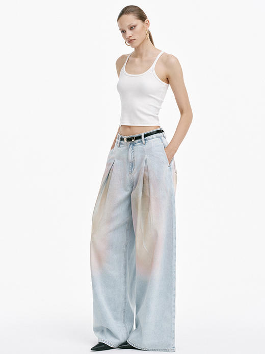 TR她热 赛博甜心 浅蓝色炫彩水洗复古显瘦休闲宽松阔腿牛仔裤长裤 商品图2