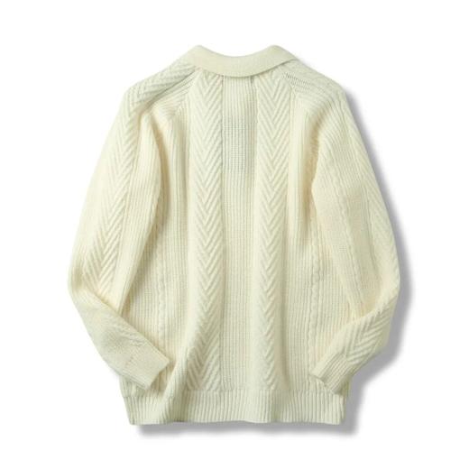 复古加厚保暖提花纹理翻领纯色男士休闲落肩款套头POLO领针织衫毛衣 商品图5