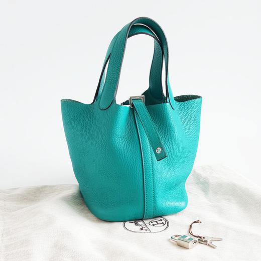 【95新】Hermes爱马仕孔雀绿银扣菜篮子Picotin 18手提包女士240126NJS06 商品图2