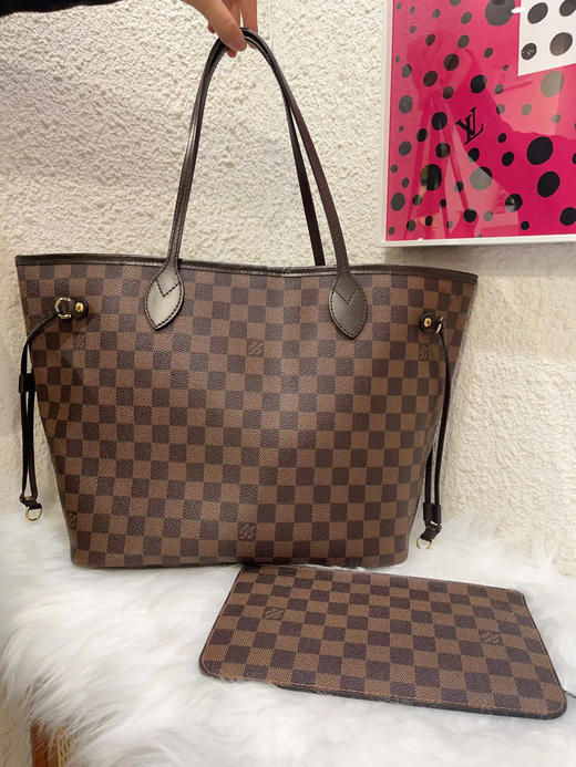 Lv nf 中号 棕棋盘格 红条纹内里 托特包 商品图0