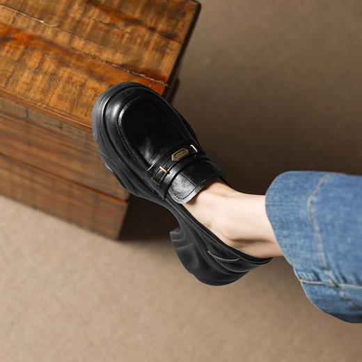 阿么手工女鞋厚底不累脚一脚蹬jk小皮鞋时尚真皮乐福鞋软底6.5CM 商品图1