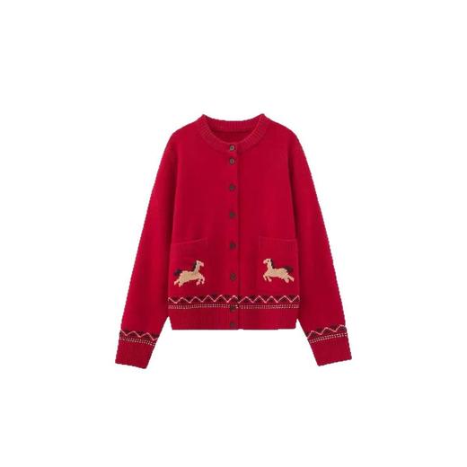 「自」全新升级【铂金会员330/天猫449/差价119】(23012)洛诗琳新年红色纯羊毛衫2026新款可爱小马提花刺绣针织外套 商品图4