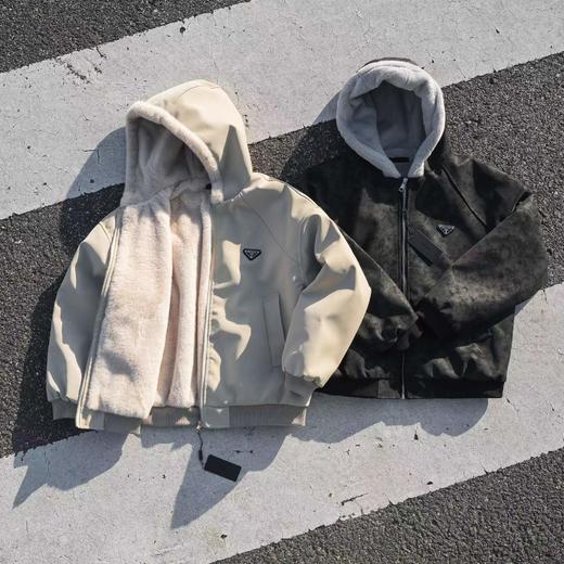 F012807美式复古荔枝纹水貂绒座山雕连帽棉服cleanfit重磅PU皮夹克 商品图1