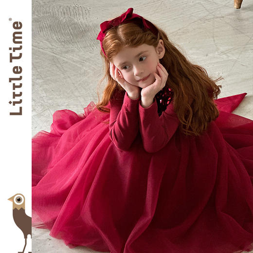 littletime女童公主裙2025秋冬红色亮片网纱连衣裙甜美生日礼服裙 商品图3