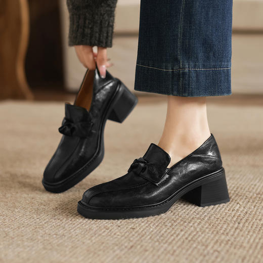 阿么手工女鞋英伦风复古乐福鞋增高蝴蝶结一脚蹬jk小皮鞋单鞋6CM 商品图1