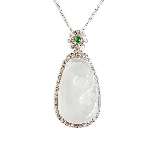 【天然正品】A货翡翠AU750白金镶钻镶天然细腻木那雪花棉白色冰种如意（万事如意）翡翠吊坠项链31.5*14.8*7.9MM（皆取最大值）190126NJS22 商品图0